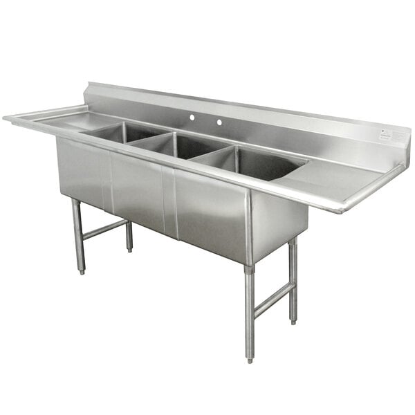 An Advance Tabco stainless steel three compartment pot sink with a right drainboard.