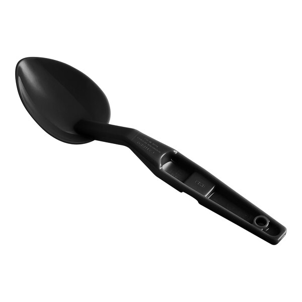 A black plastic spoon with a long handle.