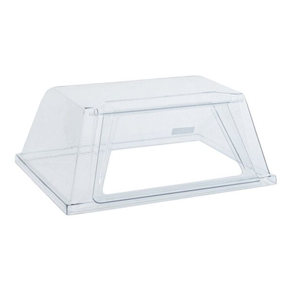 A clear, rectangular, polycarbonate sneeze guard with an angled front opening and flat base.