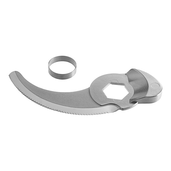 A Robot Coupe fine serrated edge blade with a ring.