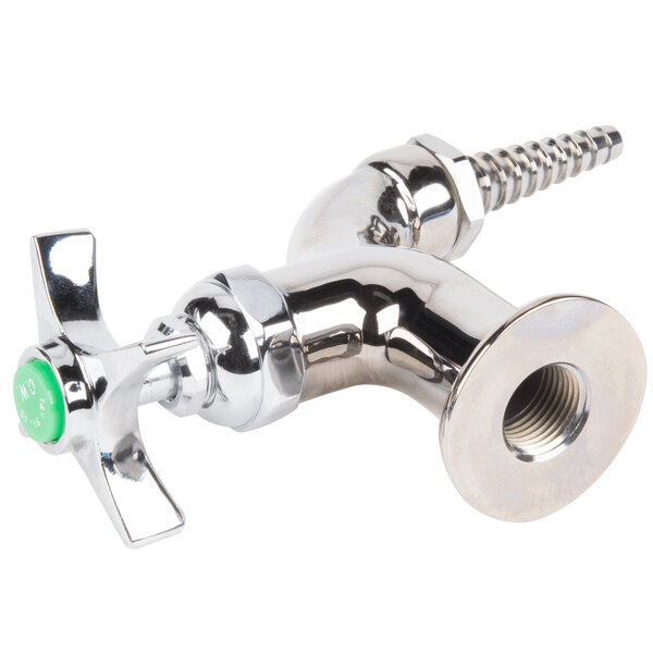 A T&S chrome lab faucet with a green handle.
