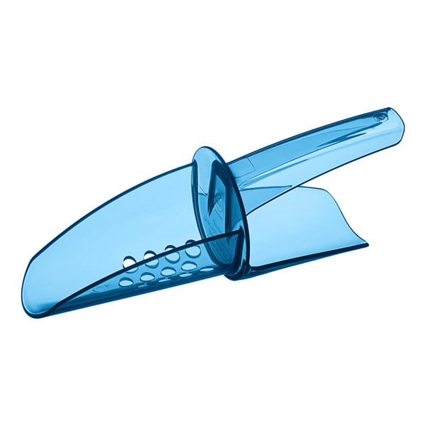 A blue plastic San Jamar Saf-T-Scoop with holes.