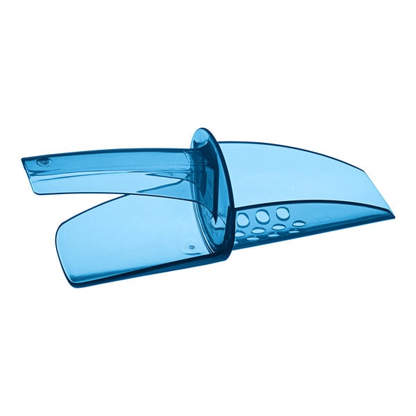 A blue plastic San Jamar Saf-T-Scoop with a handle.