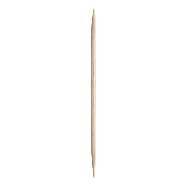 A single wooden toothpick with pointed ends is shown against a white background.