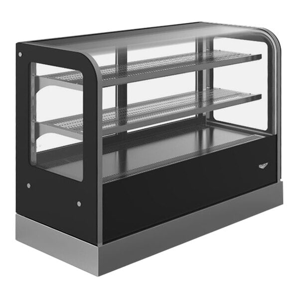 A black Vollrath countertop display case with glass shelves.