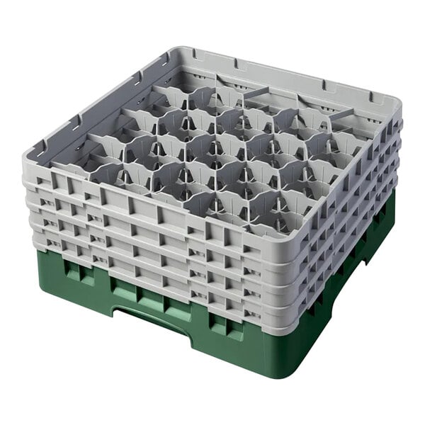 A green and gray plastic glass rack with 20 compartments and four extenders for dishwashing or storage.