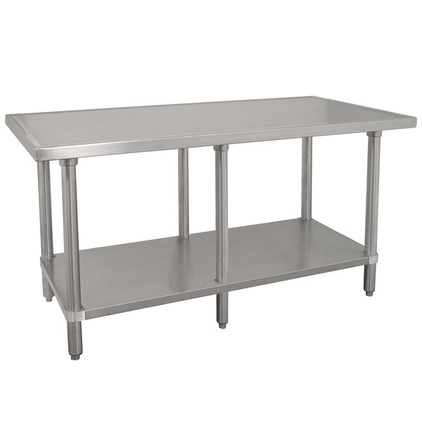 A stainless steel Advance Tabco work table with a galvanized undershelf.