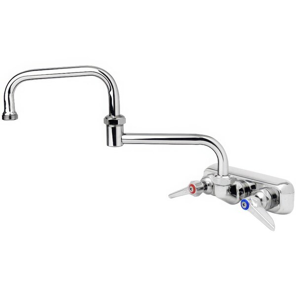 A chrome T&S wall mount faucet with double jointed swing nozzle.