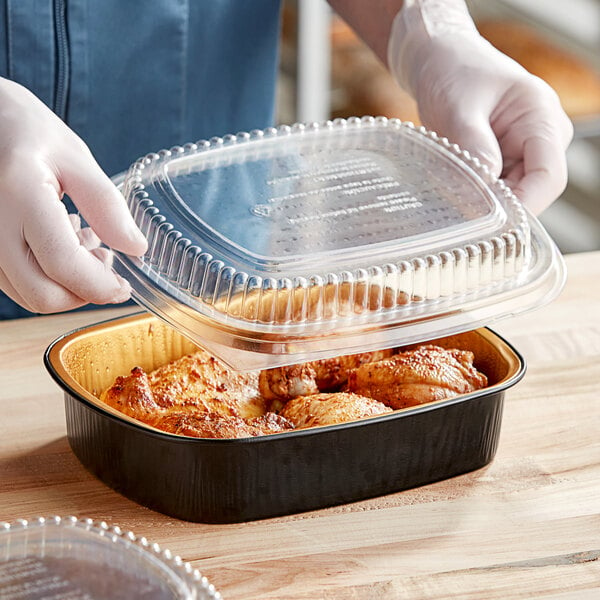 Durable Packaging 944-PT-50 Smoothwall Black and Gold Black Diamond Medium Foil Entree / Take-Out Pan with Dome Lid 47.4 oz. - 50/Case