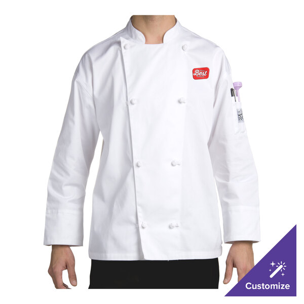 A man wearing a white Chef Revival long sleeve chef jacket with cloth knot buttons.