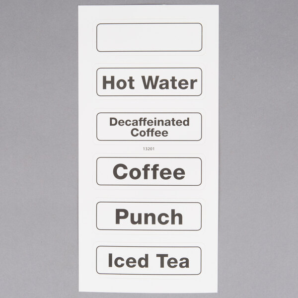 A white label with black text reading "hot water, coffee, and tea" on a Cambro insulated beverage dispenser.