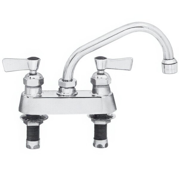 A silver Fisher deck-mount faucet with black knobs and a 6" spout.