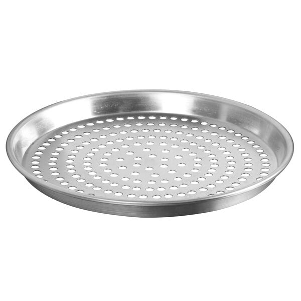 An American Metalcraft aluminum pizza pan with holes.