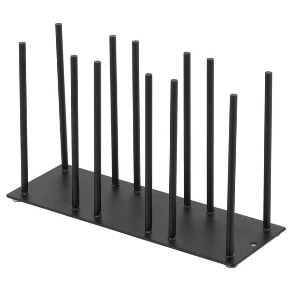 A black metal rack with long black rods.