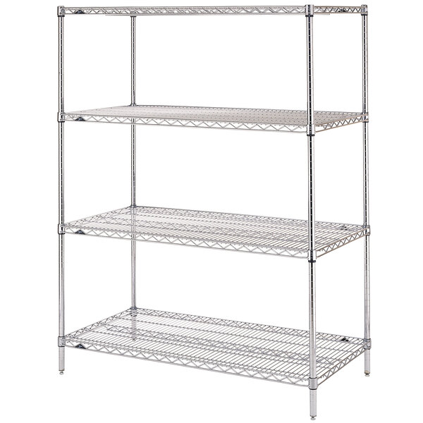 A Metro Super Erecta Brite chrome wire shelving unit with three shelves.