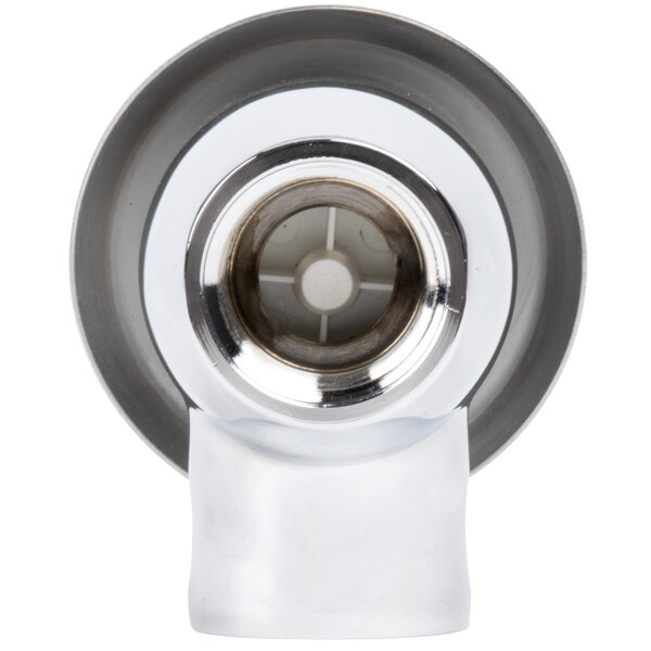 A close-up of a chrome and silver T&S sink faucet with a vacuum breaker assembly.