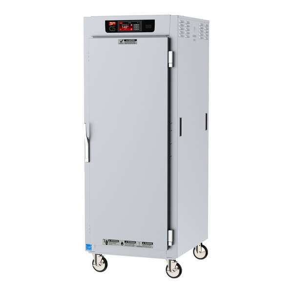 A stainless steel Metro C5 holding cabinet with a white door.