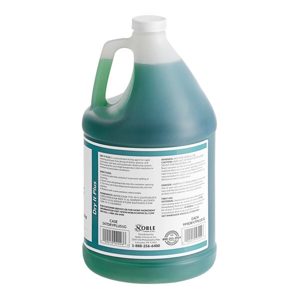 A green plastic jug of Noble Chemical Dry It Plus Concentrated Rinse Aid with a white label.