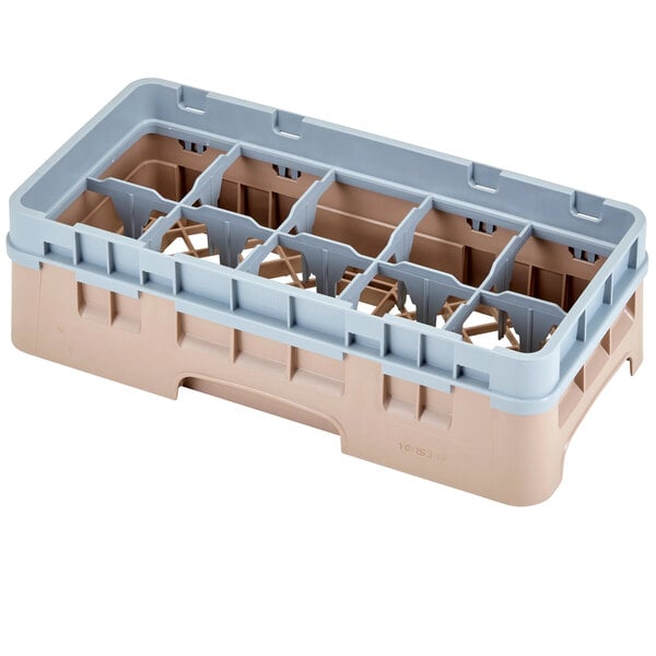 A beige plastic Cambro container with 10 compartments and a white plastic extender with holes.