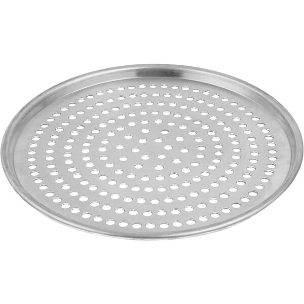 An American Metalcraft Super Perforated Heavy Weight Aluminum pizza pan with holes.