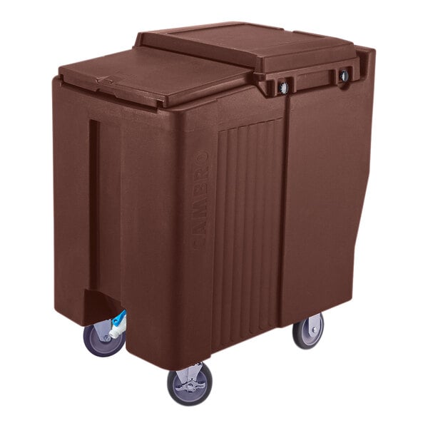 A large, dark brown mobile bin with a sliding lid and four wheels.