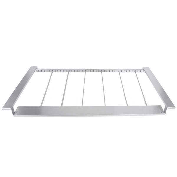 A white rectangular metal rack with black metal bars.