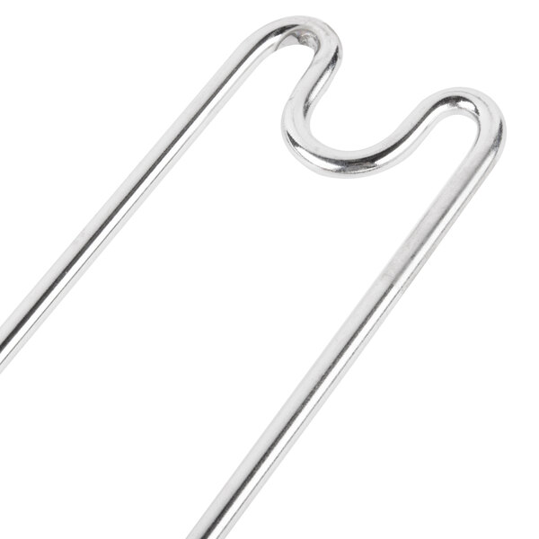 A silver metal swing-up shelf hook.
