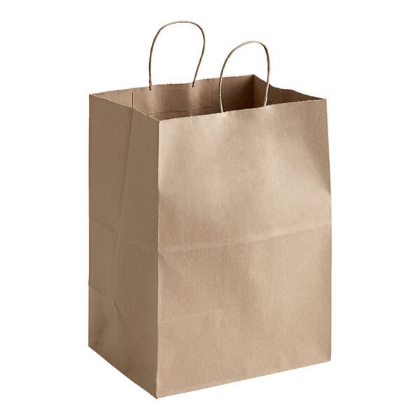 A brown paper bag with handles.