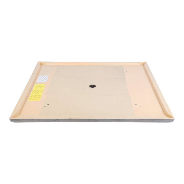 A square white Grosfillex tabletop with a hole in the middle.