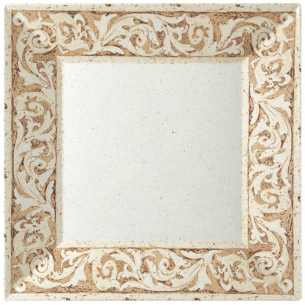 A white square plate with a brown border.