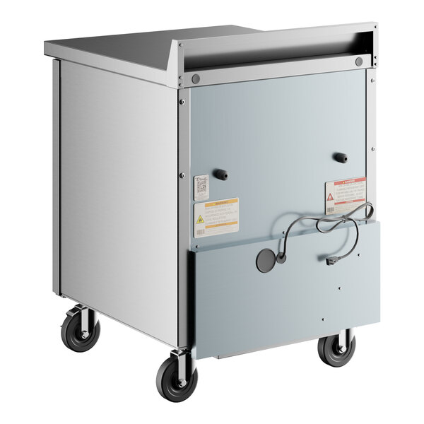 A large metal box with wheels, a door, and a white background.