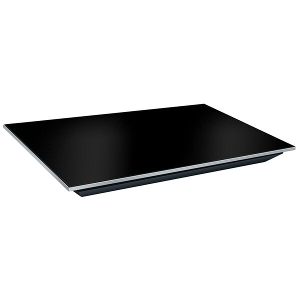 A black rectangular Hatco heated glass shelf with a silver border.