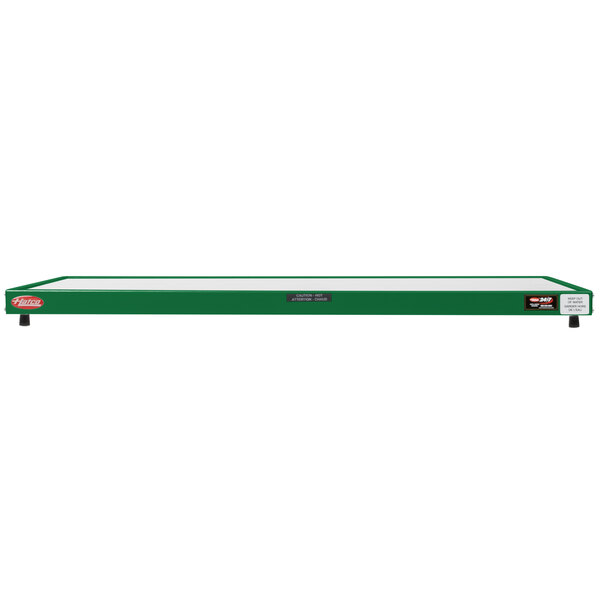 A white rectangular heated shelf with a green bottom and black legs.