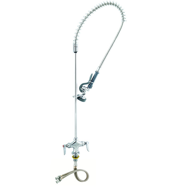 A metal pipe with a hose attached to it, with a swivel spray valve at the end.