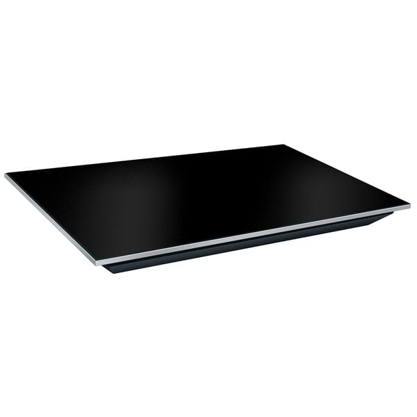 A black rectangular Hatco heated glass shelf with a silver border.