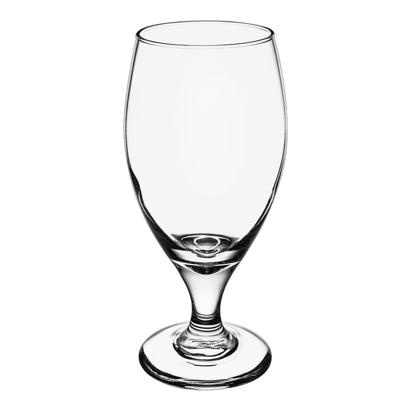 A Libbey stemmed pilsner glass with a clear bottom and small base.
