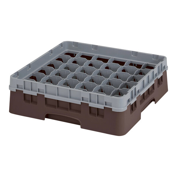 A brown Cambro plastic rack with 36 compartments.