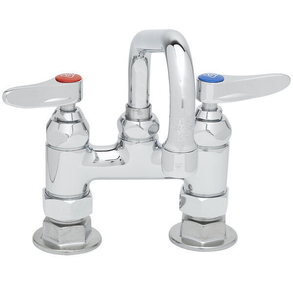 A close-up of a T&S chrome deck-mount faucet with two handles.