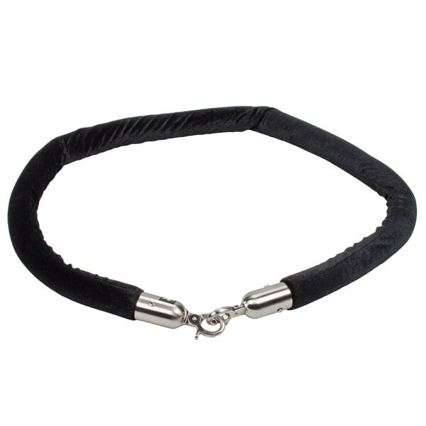 A black rope with silver metal ends.