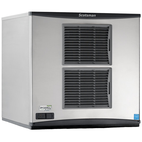 A Scotsman Prodigy Plus air cooled small cube ice machine with silver and black rectangular vents.