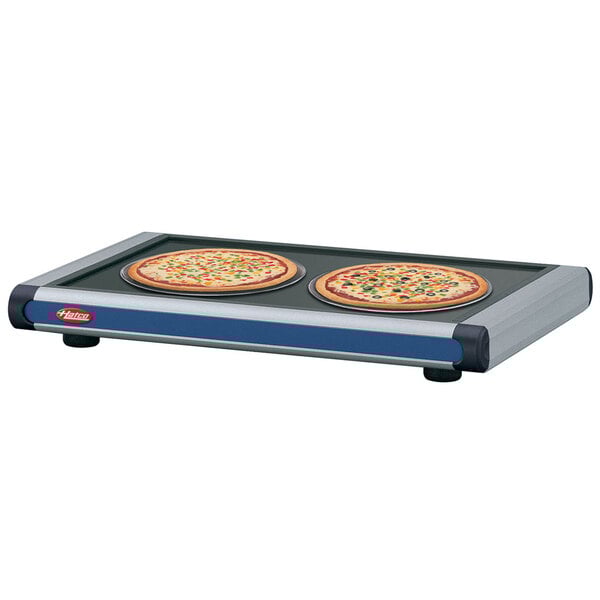 A navy blue Hatco heated shelf with black caps holding pizzas.