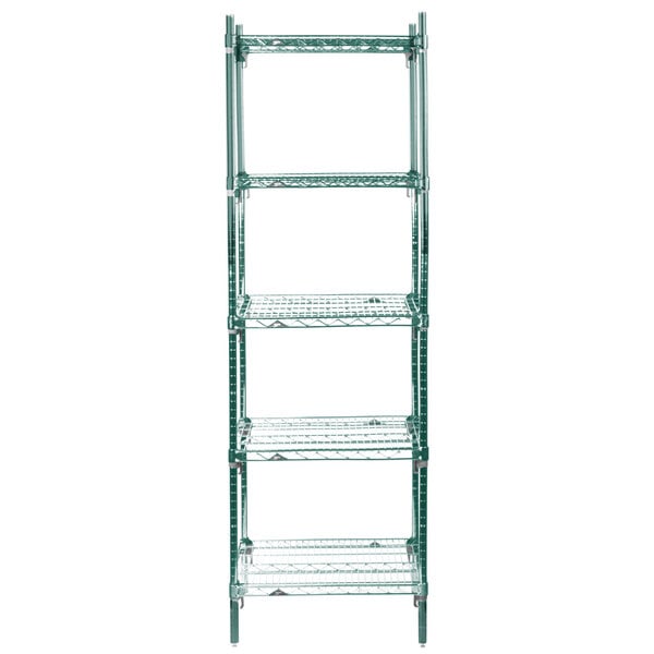 A green Metro wire shelving unit with four shelves.