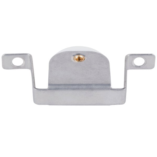 A metal Avantco small door roller with two holes.