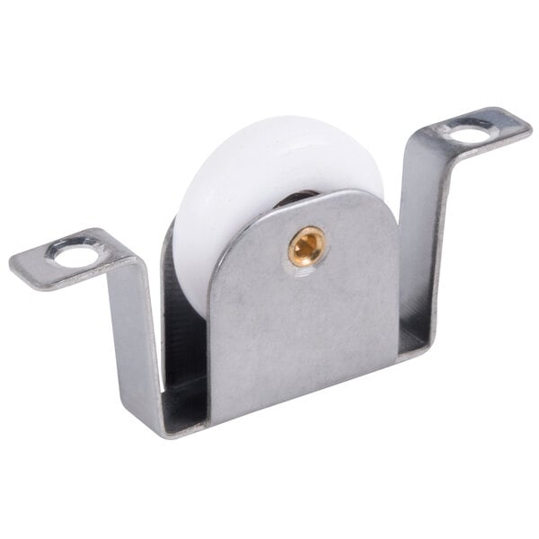 An Avantco small door roller with a white plastic wheel on a metal plate.