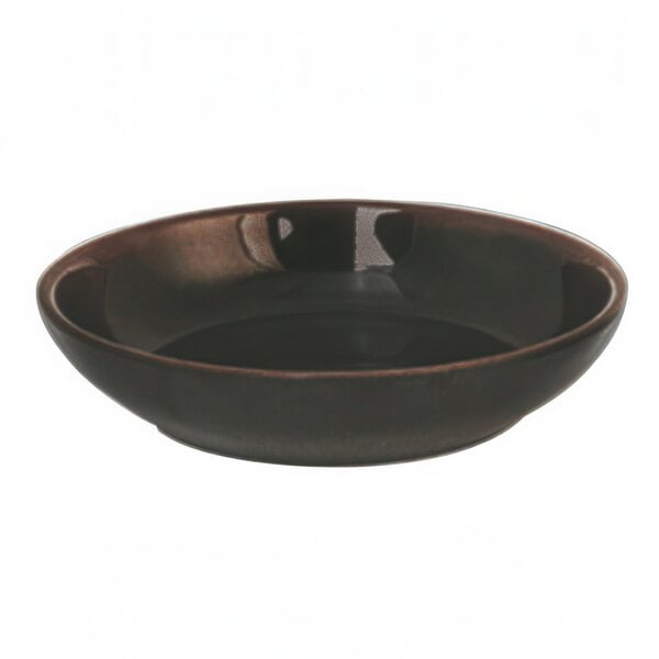 A brown Thunder Group Tenmoku Black melamine bowl.