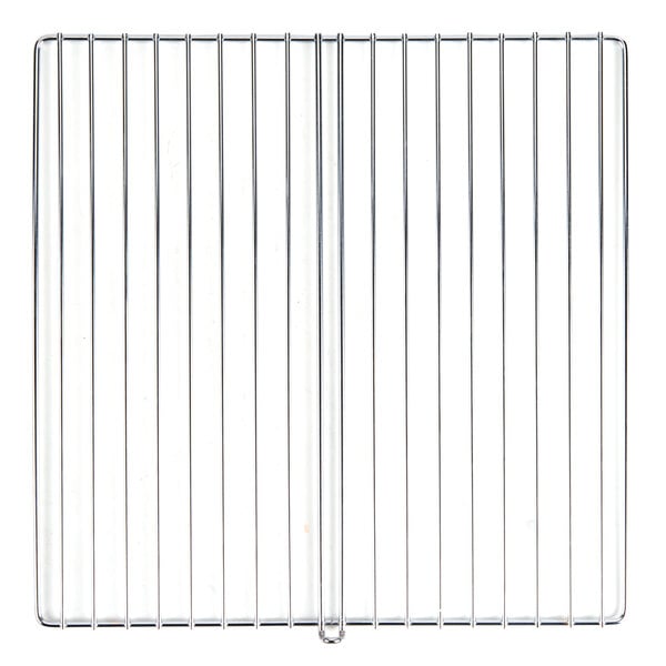 A metal baking rack for a countertop pizza oven with four metal bars.