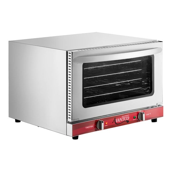 A stainless steel countertop convection oven with a glass door, three interior racks, and two control knobs on a red front panel.