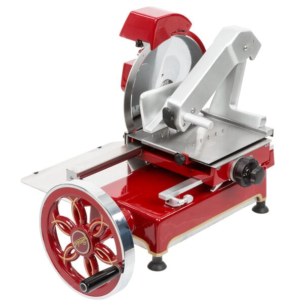 A red and silver Berkel 300M-STD prosciutto meat slicer.