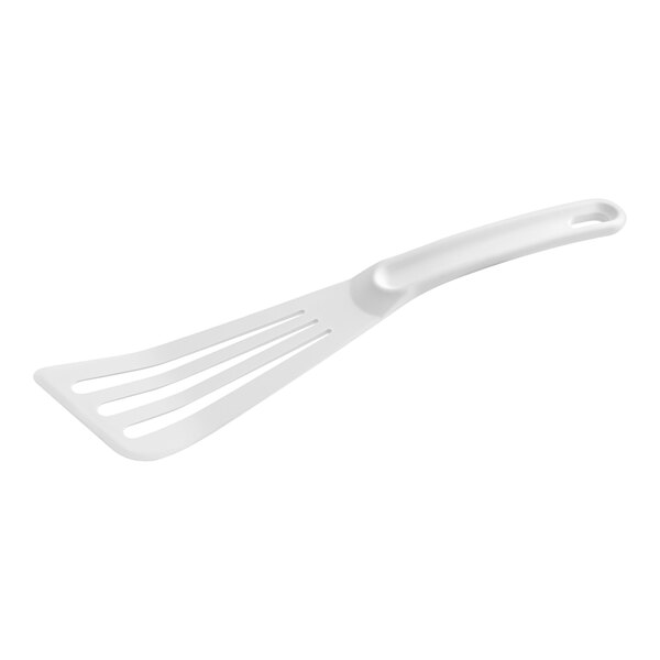 A Mercer Culinary white slotted turner with a white handle.