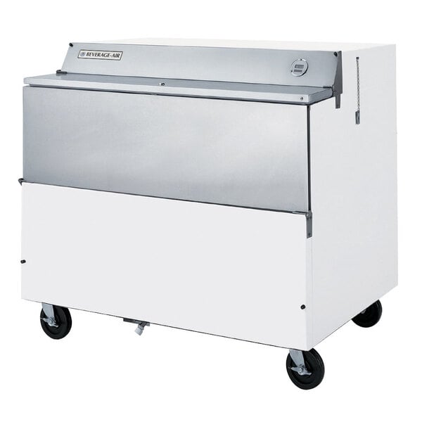 A white Beverage-Air milk cooler with wheels.